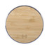 A round bamboo wireless charger featuring a silver border and a subtle logo at the bottom.