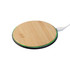 A round bamboo wireless charger with a black base and a subtle green light edge. It features a logo on the surface.