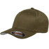 An olive green cap with a curved brim, featuring a logo on the front.