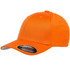 An orange cap with a curved brim and a logo on the side. It has a smooth finish and a fitted style.