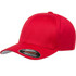 A red cap with a curved brim and a branding logo on the side.
