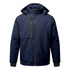 A navy blue insulated softshell jacket with a hood and zippered front pockets. It features a logo on the chest area.