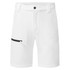 White eco stretch shorts featuring a black zip pocket and a branded logo.