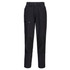 A pair of black women's stretch work pants with a zippered pocket and reinforced knee areas. Includes branding.
