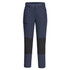 A pair of women's stretch work pants in navy blue with black panel accents and a zippered pocket.