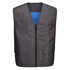 A grey cooling vest with a blue interior, featuring pockets and a front zip closure. It has a logo on it.