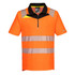 Hi-vis short-sleeve polo shirt in orange with reflective stripes and a black collar. Features a logo branding.