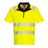 A bright yellow short-sleeve polo shirt with reflective stripes and a zip collar, featuring a black neckline and a logo.