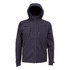 A navy softshell jacket with a hood, featuring zippered pockets and a sleek design. It has a logo on the front.
