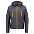 A grey insulated hybrid jacket with orange zippered pockets and a hood, featuring a logo on the front.