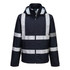 A lightweight, packable rain jacket in navy with reflective stripes and a hood, featuring a logo.