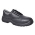 A black leather low shoe with a moulded rubber sole and laces, featuring a textured design and a grey interior.