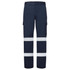 Navy work pants featuring reflective stripes and multiple pockets. Includes a logo on the garment.