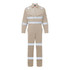 A beige coverall with reflective stripes, featuring long sleeves and a front zip. It has a logo.