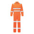 An orange coverall featuring reflective strips, suitable for workwear. It has a logo on the front.