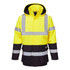 A high-visibility jacket featuring bright yellow and black fabric with reflective strips and a hood.
