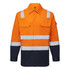 A two-tone work shirt featuring an orange upper section and navy blue lower section, with reflective strips and pockets.