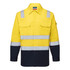 A two-tone work shirt featuring a bright yellow upper half and navy blue sleeves, adorned with reflective strips and a logo.