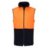 A polar fleece vest featuring a bright orange upper half and a navy lower half, with a zippered front and collar.