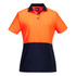 A short-sleeved polo shirt in high-visibility orange and navy with a logo on the chest.