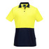 A Hi-Vis women's short sleeve polo shirt in bright yellow with navy contrast panels. The shirt features a logo.