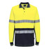 A long-sleeve polo shirt in hi-vis yellow with contrasting navy and reflective stripes, featuring a collar and button placket.
