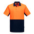 A short-sleeved polo shirt featuring a high-visibility orange upper section and a navy blue lower section, with a branding logo.