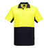 A Hi-Vis polo shirt featuring a bright yellow front and navy blue side panels, with a collar and branding.