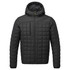 A black square baffle jacket featuring a hood and zip closure, with a quilted design and multiple pockets.