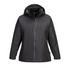 A women's black 3-in-1 jacket featuring a hood and zip front, with an inner lining and branding.
