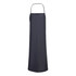 A black Chem Apron with a halter neck design, featuring a smooth, glossy finish and a logo at the top.