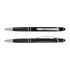 A black aluminium pen with chrome accents, featuring a textured grip and a clip. It includes a branding logo.
