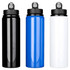 A drink bottle set featuring three colours: black, blue, and white, with a flip-top lid and logo.