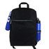 A black backpack with a mesh side pocket containing a blue drink bottle and a blue towel hanging on the front.