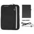 A black zippered pouch, a black notebook, a silver pen, and a charging cable with a circular connector. The pouch has a logo.