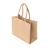 A laminated jute supermarket bag in a natural beige colour with two sturdy handles. It has a simple design and features a logo.