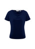 A navy blue women's top with a cowl neckline and short sleeves, featuring a logo.