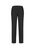 A pair of women's slim leg pants in black, featuring a bandless design and a pocket at the back.