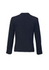 A women's short jacket in navy, featuring a reverse lapel and a tailored fit, with buttons on the sleeves.