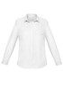 A white long sleeve button-up shirt for women. It features a classic collar and has a logo on it.