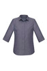 A grey women's button-up shirt with a 3/4 sleeve design and a collar, featuring a logo on the side.