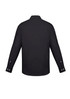 A black men's long sleeve button-up shirt with a classic fit and cuffed sleeves. It features a logo on the back.