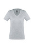 A grey women's short sleeve tee with a V-neck design. It features branding on the inside label.
