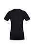 A black women's short sleeve tee featuring a fitted silhouette and a logo on the back.