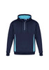 Unisex navy hoodie with light blue side panels and a zippered collar. Features a drawstring and a logo.
