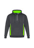A grey unisex hoodie featuring bright lime green accents and a front zipper. It has a logo on the chest.