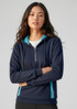 A navy unisex hoodie featuring a half-zip design and turquoise accents, with a hood and front pockets.