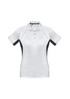 A women's short sleeve polo in white with black accents and a logo. Designed for a stylish and sporty look.