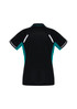 A black women's polo shirt with teal accents and reflective details. It features a logo on the back.