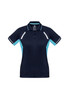 A women's navy blue short sleeve polo shirt featuring light blue accents and a logo.